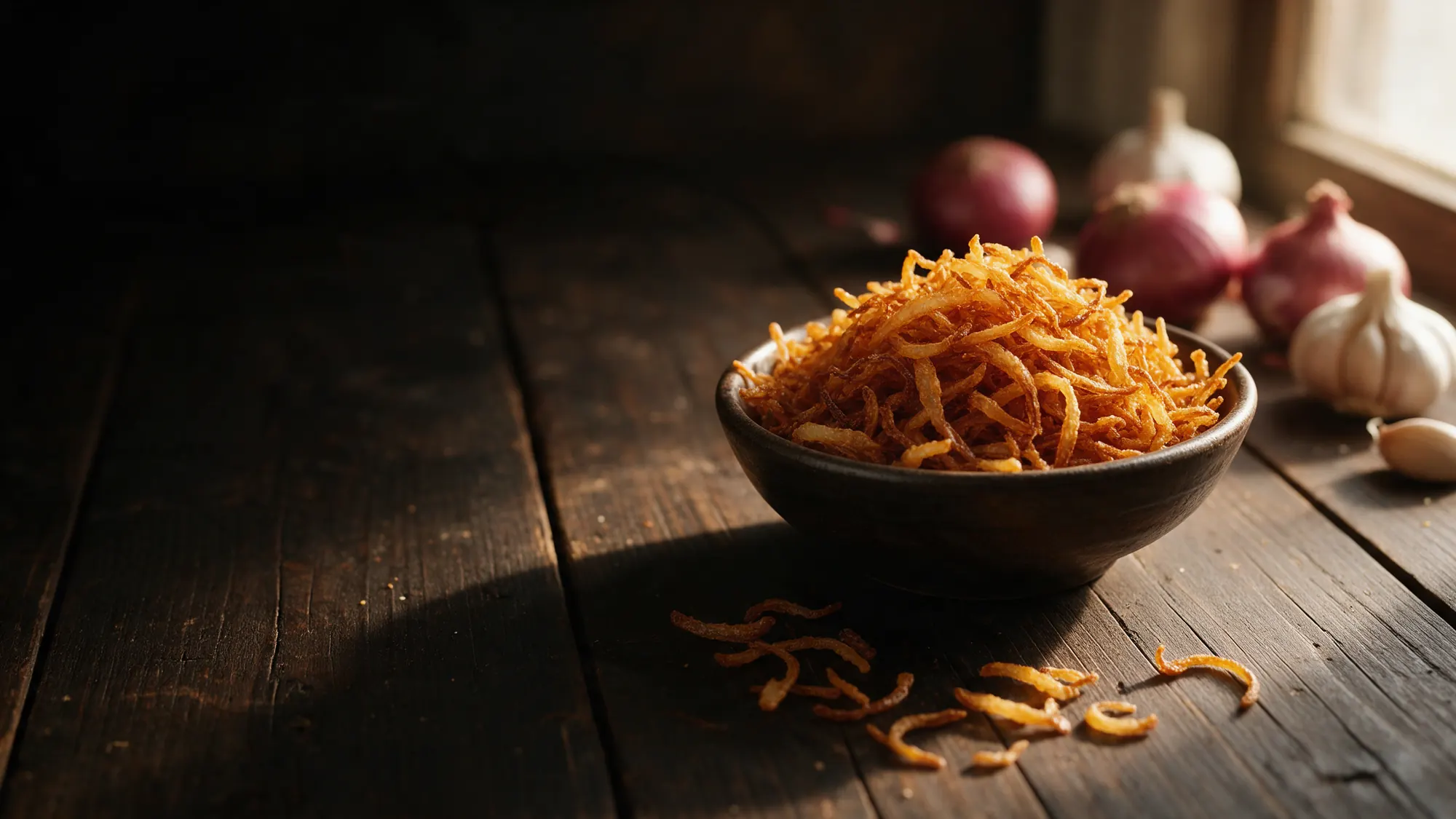 Golden crispy fried onions, birista, made by Optimum Foods in Mahuva, Gujarat