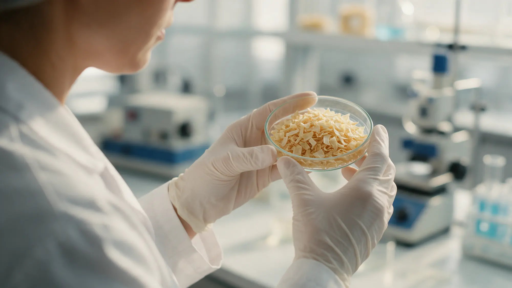 A quality technician at the Optimum Foods laboratory in Mahuva
